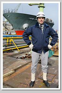 Matt Sizemore, in shipbuilding man uniform - Kyokuyo Shipyard